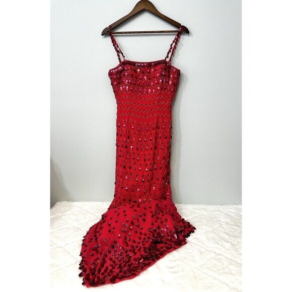 Precious Formals Dresses & Skirts - Precious Formals Sequined Dress Bright Red Sz 6 Sleeveless Low Back Maxi Prom